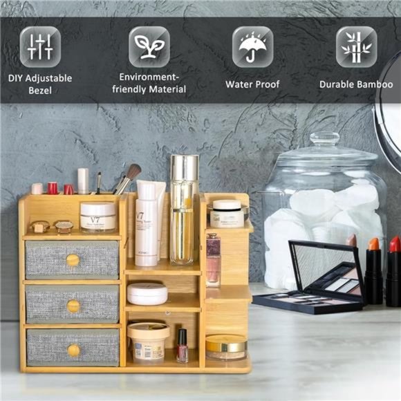 Bamboo-Makeup-Organizer for Vanity, Multi-Function Wood Large Capacity Make up - Picture 6 of 6